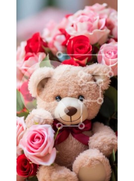 Intra Συλλεκτικό Ξύλινο Παζλ Plywood  4mm - Αρκουδάκι που περιβάλλεται από ροζ τριαντάφυλλα και γεμιστά ζώα Σε Ξύλινο Κουτί - Διαστάσεις Puzzle: 10x10 cm – 25 κομμάτια