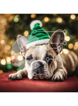 Intra Συλλεκτικό Ξύλινο Παζλ Plywood  4mm - Γαλλικό μπουλντόγκ που φορά πράσινο καπέλο κατά τη διάρκεια των διακοπών Σε Ξύλινο Κουτί - Διαστάσεις: 10x10 cm – 25 κομμάτια
