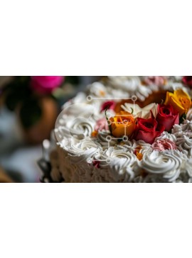 Σετ των 2 Intra Συλλεκτικό Ξύλινο Παζλ Plywood  4mm - Λευκό κέικ με κόκκινα, κίτρινα και πορτοκαλί τριαντάφυλλα Σε Ξύλινο Κουτί - Διαστάσεις: 10x10 cm – 25 κομμάτια