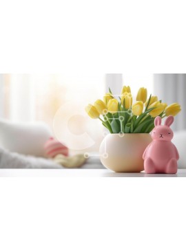 Intra Συλλεκτικό Ξύλινο Παζλ Plywood  4mm - Ροζ λαγουδάκι με κίτρινες τουλίπες και πασχαλινή διακόσμηση Σε Ξύλινο Κουτί - Διαστάσεις Puzzle: 10x10 cm – 25 κομμάτια