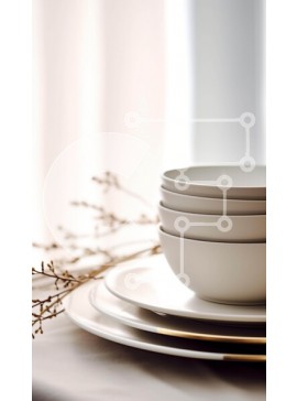 Intra Συλλεκτικό Ξύλινο Παζλ Plywood  4mm - Στοιβαγμένα λευκά πιάτα και σκεύη με φυτική διακόσμηση στο τραπέζι Σε Ξύλινο Κουτί - Διαστάσεις: 10x10 cm – 25 κομμάτια