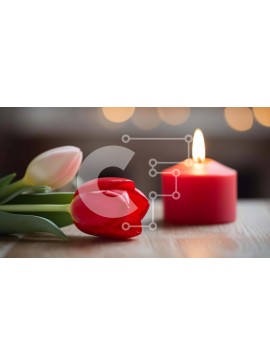 Intra Συλλεκτικό Ξύλινο Παζλ Plywood  4mm - Δύο κόκκινες τουλίπες και κερί σε πρώτο πλάνο Σε Ξύλινο Κουτί - Διαστάσεις: 10x10 cm – 25 κομμάτια