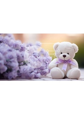 Intra Συλλεκτικό Ξύλινο Παζλ Plywood  4mm - Λευκό αρκουδάκι που περιβάλλεται από μωβ λουλούδια Σε Ξύλινο Κουτί - Διαστάσεις: 10x10 cm – 25 κομμάτια