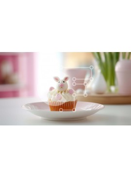Σετ των 2 Intra Συλλεκτικό Ξύλινο Παζλ Plywood  4mm - Αξιολάτρευτο Bunny Cupcake σε λευκό πιάτο με φυτά σε γλάστρες Σε Ξύλινο Κουτί - Διαστάσεις: 10x10 cm – 25 κομμάτια
