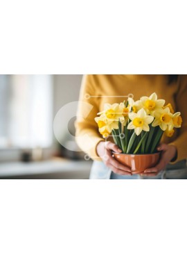 Intra Συλλεκτικό Ξύλινο Παζλ Plywood  4mm - Γυναίκα που κρατά φρέσκους κίτρινους νάρκισσους Σε Ξύλινο Κουτί - Διαστάσεις: 10x10 cm – 25 κομμάτια