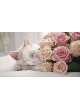 Intra Συλλεκτικό Ξύλινο Παζλ Plywood  4mm - Λευκή γάτα που κοιμάται σε ροζ τριαντάφυλλα Σε Ξύλινο Κουτί - Διαστάσεις: 10x10 cm – 25 κομμάτια