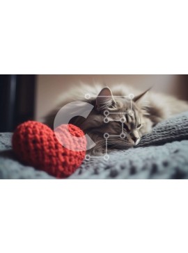 Σετ των 2 Intra Συλλεκτικό Ξύλινο Παζλ Plywood  4mm - Αφράτη μακρυμάλλη γάτα που στηρίζεται στο κρεβάτι με κόκκινο παιχνίδι σε σχήμα καρδιάς Σε Ξύλινο Κουτί - Διαστάσεις: 10x10 cm – 25 κομμάτια