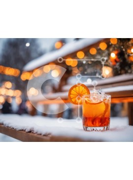 Intra Συλλεκτικό Ξύλινο Παζλ Plywood  4mm - Ποτό πορτοκαλιού σε χιονισμένο πάγκο με φώτα στο φόντο Σε Ξύλινο Κουτί - Διαστάσεις Puzzle: 10x10 cm – 25 κομμάτια