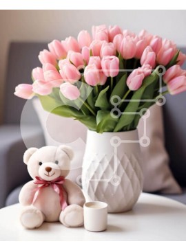 Intra Συλλεκτικό Ξύλινο Παζλ Plywood  4mm - Αρκουδάκι και ροζ τουλίπες στο τραπεζάκι σαλονιού Σε Ξύλινο Κουτί - Διαστάσεις Puzzle: 10x10 cm – 25 κομμάτια