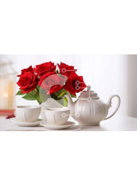 Σετ των 2 Intra Συλλεκτικό Ξύλινο Παζλ Plywood  4mm - Ρύθμιση ώρας για τσάι και καφέ με λευκή τσαγιέρα, φλιτζάνια και κόκκινα τριαντάφυλλα Σε Ξύλινο Κουτί - Διαστάσεις: 10x10 cm – 25 κομμάτια