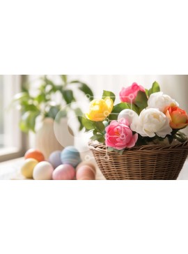 Intra Συλλεκτικό Ξύλινο Παζλ Plywood  4mm - Πολύχρωμα λουλούδια και Πασχαλινά αυγά στο ψάθινο καλάθι Σε Ξύλινο Κουτί - Διαστάσεις Puzzle: 10x10 cm – 25 κομμάτια