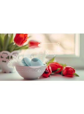 Intra Συλλεκτικό Ξύλινο Παζλ Plywood  4mm - Στολισμός τραπεζιού με θέμα το Πάσχα με μπλε αυγά και κόκκινες τουλίπες Σε Ξύλινο Κουτί - Διαστάσεις Puzzle: 10x10 cm – 25 κομμάτια