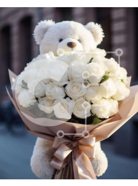 Intra Συλλεκτικό Ξύλινο Παζλ Plywood  4mm - Λευκό αρκουδάκι που κρατά λευκά τριαντάφυλλα Σε Ξύλινο Κουτί - Διαστάσεις Puzzle: 10x10 cm – 25 κομμάτια