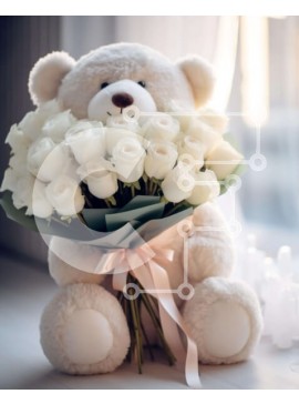 Intra Συλλεκτικό Ξύλινο Παζλ Plywood  4mm - Λευκό αρκουδάκι με τριαντάφυλλα και κεριά Σε Ξύλινο Κουτί - Διαστάσεις Puzzle: 10x10 cm – 25 κομμάτια