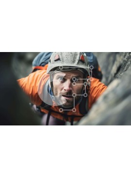 Intra Συλλεκτικό Ξύλινο Παζλ Plywood  4mm - Άνδρας που αναρριχείται σε βράχο φορώντας πορτοκαλί σακάκι αναρρίχησης και κράνος Σε Ξύλινο Κουτί - Διαστάσεις Puzzle: 10x10 cm – 25 κομμάτια