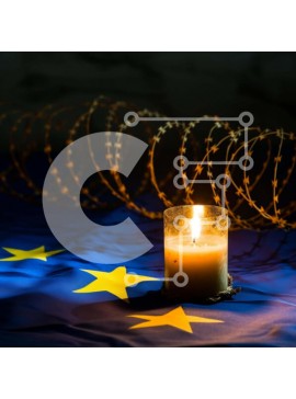 Intra Συλλεκτικό Ξύλινο Παζλ Plywood  4mm - Κερί σε συρματοπλέγματα μπροστά από τη σημαία της ΕΕ Σε Ξύλινο Κουτί - Διαστάσεις Puzzle: 10x10 cm – 25 κομμάτια