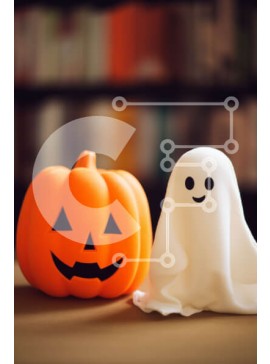 Intra Συλλεκτικό Ξύλινο Παζλ Plywood  4mm - Διακοσμήσεις αποκριών - ειδώλιο φαντασμάτων και κολοκύθα σε ένα τραπέζι Σε Ξύλινο Κουτί - Διαστάσεις Puzzle: 10x10 cm – 25 κομμάτια