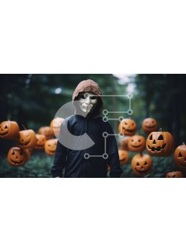 Intra Συλλεκτικό Ξύλινο Παζλ Plywood  4mm - Αγόρι με μαύρο κουκούλα και μάσκα που στέκεται μπροστά από κολοκύθες Σε Ξύλινο Κουτί - Διαστάσεις Puzzle: 10x10 cm – 25 κομμάτια