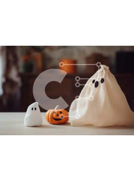 Intra Συλλεκτικό Ξύλινο Παζλ Plywood  4mm - Λευκή τσάντα φάντασμα και κολοκύθες σε τραπέζι - διακοσμήσεις αποκριών Σε Ξύλινο Κουτί - Διαστάσεις Puzzle: 10x10 cm – 25 κομμάτια