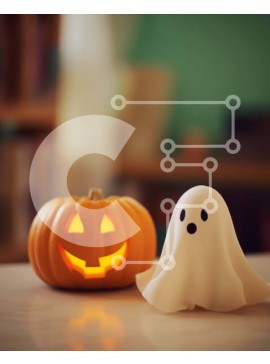 Intra Συλλεκτικό Ξύλινο Παζλ Plywood  4mm - Ειδώλιο φάντασμα αποκριών σε πορτοκαλί κολοκύθα με βιβλία στο φόντο Σε Ξύλινο Κουτί - Διαστάσεις Puzzle: 10x10 cm – 25 κομμάτια