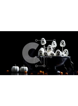 Intra Συλλεκτικό Ξύλινο Παζλ Plywood  4mm - Διακοσμήσεις αποκριών - Κυμαινόμενα γλειφιτζούρια και κολοκύθες φάντασμα σε μαύρο μπολ Σε Ξύλινο Κουτί - Διαστάσεις Puzzle: 10x10 cm – 25 κομμάτια