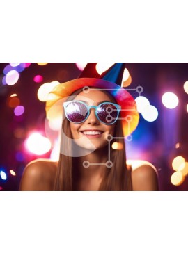 Intra Συλλεκτικό Ξύλινο Παζλ Plywood  4mm - Χαμογελαστή γυναίκα που φορά πολύχρωμα καπέλα και γυαλιά ηλίου για πάρτι Σε Ξύλινο Κουτί - Διαστάσεις Puzzle: 10x10 cm – 25 κομμάτια