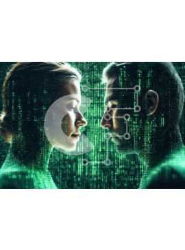 Intra Συλλεκτικό Ξύλινο Παζλ Plywood  4mm - Άνδρας και γυναίκα σε συνομιλία σε φόντο αφηρημένης πράσινης μήτρας Σε Ξύλινο Κουτί - Διαστάσεις Puzzle: 10x10 cm – 25 κομμάτια