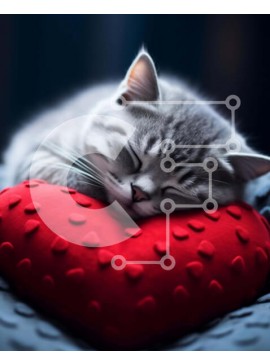 Σετ των 2 Intra Συλλεκτικό Ξύλινο Παζλ Plywood  4mm - Γκρίζα γάτα που κοιμάται σε κόκκινο μαξιλάρι σε σχήμα καρδιάς Σε Ξύλινο Κουτί - Διαστάσεις: 10x10 cm – 25 κομμάτια