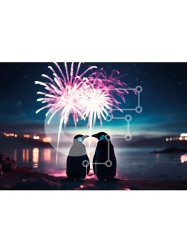 Intra Συλλεκτικό Ξύλινο Παζλ Plywood  4mm - Πιγκουίνοι στην παραλία με πυροτεχνήματα στο φόντο Σε Ξύλινο Κουτί - Διαστάσεις: 10x10 cm – 25 κομμάτια