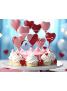 Σετ των 2 Intra Συλλεκτικό Ξύλινο Παζλ Plywood  4mm - Κέικ με κόκκινα μπαλόνια και cupcakes σε λευκό πιάτο Σε Ξύλινο Κουτί - Διαστάσεις: 10x10 cm – 25 κομμάτια