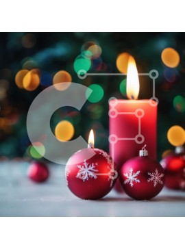 Intra Συλλεκτικό Ξύλινο Παζλ Plywood  4mm - Κόκκινα κεριά και χριστουγεννιάτικα στολίδια σε φόντο νιφάδες χιονιού Σε Ξύλινο Κουτί - Διαστάσεις: 10x10 cm – 25 κομμάτια