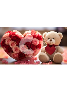 Intra Συλλεκτικό Ξύλινο Παζλ Plywood  4mm - Το αρκουδάκι του Αγίου Βαλεντίνου με ροζ τριαντάφυλλα Σε Ξύλινο Κουτί - Διαστάσεις Puzzle: 10x10 cm – 25 κομμάτια