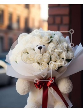 Intra Συλλεκτικό Ξύλινο Παζλ Plywood  4mm - Μπουκέτο με λευκά τριαντάφυλλα με εορταστική αρκούδα Σε Ξύλινο Κουτί - Διαστάσεις Puzzle: 10x10 cm – 25 κομμάτια