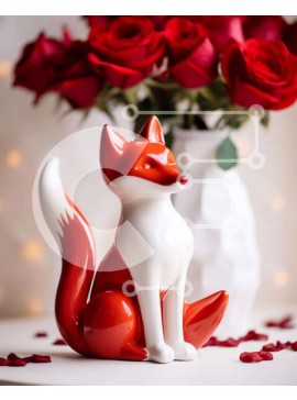 Intra Συλλεκτικό Ξύλινο Παζλ Plywood  4mm - Κόκκινο και άσπρο ειδώλιο αλεπούς με τριαντάφυλλα Σε Ξύλινο Κουτί - Διαστάσεις: 10x10 cm – 25 κομμάτια