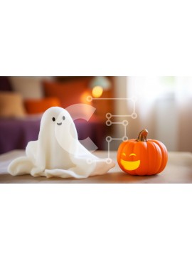 Intra Συλλεκτικό Ξύλινο Παζλ Plywood  4mm - Χαμογελώντας φάντασμα και κολοκύθα σε ένα τραπέζι Σε Ξύλινο Κουτί - Διαστάσεις Puzzle: 10x10 cm – 25 κομμάτια