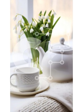 Intra Συλλεκτικό Ξύλινο Παζλ Plywood  4mm - Λευκή τσαγιέρα, φλιτζάνι, πιατάκι και λουλούδια σε ένα τραπέζι Σε Ξύλινο Κουτί - Διαστάσεις: 10x10 cm – 25 κομμάτια