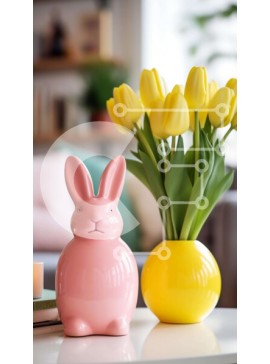 Intra Συλλεκτικό Ξύλινο Παζλ Plywood  4mm - Ροζ βάζο σε σχήμα λαγουδάκι με κίτρινες τουλίπες και βιβλία στο τραπεζάκι του σαλονιού Σε Ξύλινο Κουτί - Διαστάσεις Puzzle: 10x10 cm – 25 κομμάτια