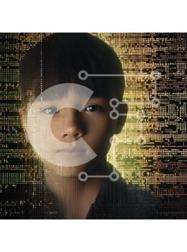 Intra Συλλεκτικό Ξύλινο Παζλ Plywood  4mm - Νεαρό αγόρι που στέκεται μπροστά από το αφηρημένο ψηφιακό υπόβαθρο Σε Ξύλινο Κουτί - Διαστάσεις Puzzle: 10x10 cm – 25 κομμάτια