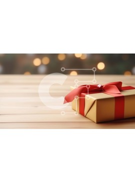 Intra Συλλεκτικό Ξύλινο Παζλ Plywood  4mm - Χρυσό κουτί δώρου με κόκκινη κορδέλα σε ξύλινο τραπέζι με χριστουγεννιάτικα φωτάκια Σε Ξύλινο Κουτί - Διαστάσεις: 10x10 cm – 25 κομμάτια