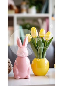 Intra Συλλεκτικό Ξύλινο Παζλ Plywood  4mm - Πασχαλινή διακόσμηση με βάζα σε σχήμα λαγουδάκι και τουλίπες Σε Ξύλινο Κουτί - Διαστάσεις Puzzle: 10x10 cm – 25 κομμάτια