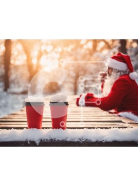 Intra Συλλεκτικό Ξύλινο Παζλ Plywood  4mm - Χειμερινή σκηνή με κόκκινα φλιτζάνια καφέ και τον Άγιο Βασίλη Σε Ξύλινο Κουτί - Διαστάσεις Puzzle: 10x10 cm – 25 κομμάτια