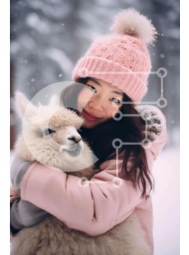 Σετ των 2 Intra Συλλεκτικό Ξύλινο Παζλ Plywood  4mm - Νεαρή γυναίκα που αγκαλιάζει μια λάμα στο χιόνι Σε Ξύλινο Κουτί - Διαστάσεις: 10x10 cm – 25 κομμάτια