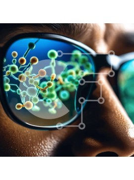 Intra Συλλεκτικό Ξύλινο Παζλ Plywood  4mm - Άνθρωπος που φορά γυαλιά με μοριακή δομή στους φακούς Σε Ξύλινο Κουτί - Διαστάσεις Puzzle: 10x10 cm – 25 κομμάτια