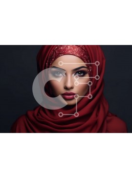 Intra Συλλεκτικό Ξύλινο Παζλ Plywood  4mm - Σοβαρό πορτρέτο μιας όμορφης γυναίκας που φοράει κόκκινο χιτζάμπ Σε Ξύλινο Κουτί - Διαστάσεις Puzzle: 10x10 cm – 25 κομμάτια