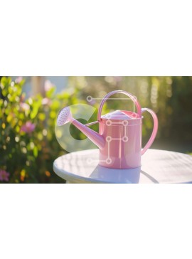 Intra Συλλεκτικό Ξύλινο Παζλ Plywood  4mm - Ροζ ποτιστήρι σε τραπέζι εξωτερικού χώρου με φυτά στο φόντο Σε Ξύλινο Κουτί - Διαστάσεις: 10x10 cm – 25 κομμάτια