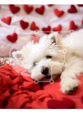 Σετ των 2 Intra Συλλεκτικό Ξύλινο Παζλ Plywood  4mm - Μικρό λευκό σκυλί στο κρεβάτι με κόκκινες καρδιές Σε Ξύλινο Κουτί - Διαστάσεις: 10x10 cm – 25 κομμάτια