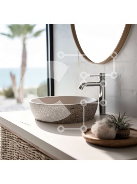 Intra Συλλεκτικό Ξύλινο Παζλ Plywood  4mm - Κομψός νιπτήρας μπάνιου από σκυρόδεμα και στρογγυλός καθρέφτης με θέα στην παραλία Σε Ξύλινο Κουτί - Διαστάσεις Puzzle: 10x10 cm – 25 κομμάτια