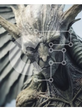 Intra Συλλεκτικό Ξύλινο Παζλ Plywood  4mm - Κοντινό πλάνο ενός αγάλματος Gargoyle με κέρατα, φτερά και αιχμηρά δόντια Σε Ξύλινο Κουτί - Διαστάσεις Puzzle: 10x10 cm – 25 κομμάτια