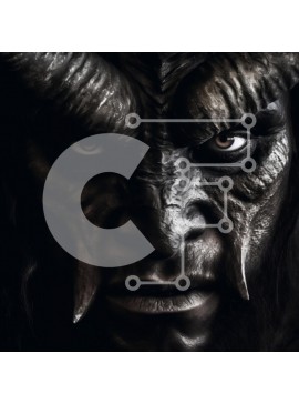 Intra Συλλεκτικό Ξύλινο Παζλ Plywood  4mm - Σοβαρό μαύρο μεταλλικό βλέμμα: Πορτρέτο προσώπου με κέρατα και μακριά μαλλιά από κοντά Σε Ξύλινο Κουτί - Διαστάσεις Puzzle: 10x10 cm – 25 κομμάτια