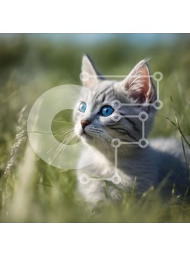 Intra Συλλεκτικό Ξύλινο Παζλ Plywood  4mm - Αξιολάτρευτο γκρι γατάκι με μπλε μάτια σε ένα χωράφι με πράσινο γρασίδι Σε Ξύλινο Κουτί - Διαστάσεις: 10x10 cm – 25 κομμάτια